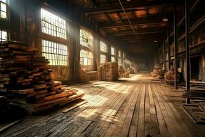 en bois planche ou planche dans le bois moulin industrie. empiler de journaux et bois dans le scierie production concept par ai généré photo