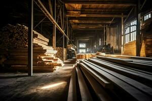 en bois planche ou planche dans le bois moulin industrie. empiler de journaux et bois dans le scierie production concept par ai généré photo