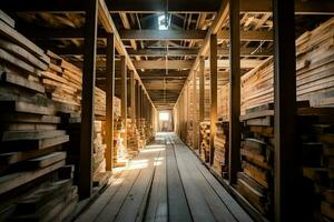 en bois planche ou planche dans le bois moulin industrie. empiler de journaux et bois dans le scierie production concept par ai généré photo