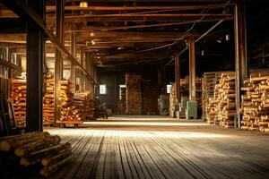 en bois planche ou planche dans le bois moulin industrie. empiler de journaux et bois dans le scierie production concept par ai généré photo