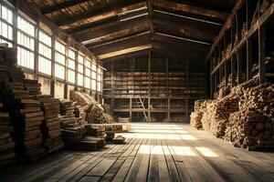 en bois planche ou planche dans le bois moulin industrie. empiler de journaux et bois dans le scierie production concept par ai généré photo