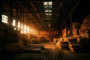 en bois planche ou planche dans le bois moulin industrie. empiler de journaux et bois dans le scierie production concept par ai généré photo