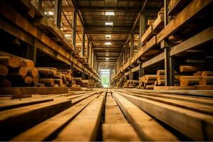 en bois planche ou planche dans le bois moulin industrie. empiler de journaux et bois dans le scierie production concept par ai généré photo