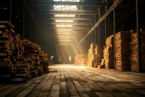 en bois planche ou planche dans le bois moulin industrie. empiler de journaux et bois dans le scierie production concept par ai généré photo