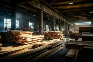 en bois planche ou planche dans le bois moulin industrie. empiler de journaux et bois dans le scierie production concept par ai généré photo