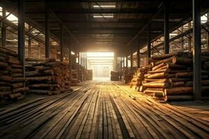 en bois planche ou planche dans le bois moulin industrie. empiler de journaux et bois dans le scierie production concept par ai généré photo