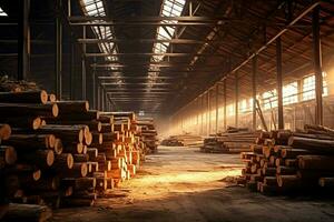 en bois planche ou planche dans le bois moulin industrie. empiler de journaux et bois dans le scierie production concept par ai généré photo