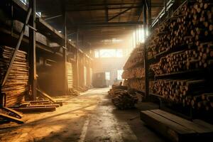 en bois planche ou planche dans le bois moulin industrie. empiler de journaux et bois dans le scierie production concept par ai généré photo