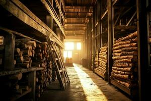 en bois planche ou planche dans le bois moulin industrie. empiler de journaux et bois dans le scierie production concept par ai généré photo