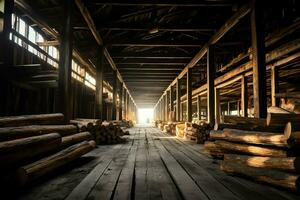 en bois planche ou planche dans le bois moulin industrie. empiler de journaux et bois dans le scierie production concept par ai généré photo