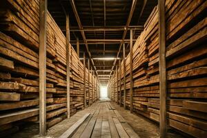 en bois planche ou planche dans le bois moulin industrie. empiler de journaux et bois dans le scierie production concept par ai généré photo