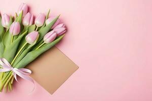 décoratif de tulipes fleurs bouquet ou enveloppé cadeau boîte. pour les mères journée ou Valentin avec fond concept par ai généré photo