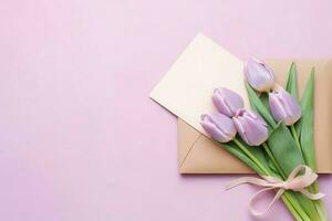 décoratif de tulipes fleurs bouquet ou enveloppé cadeau boîte. pour les mères journée ou Valentin avec fond concept par ai généré photo