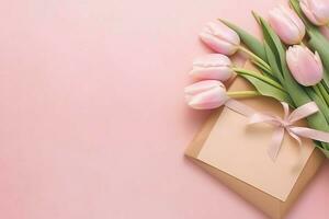 décoratif de tulipes fleurs bouquet ou enveloppé cadeau boîte. pour les mères journée ou Valentin avec fond concept par ai généré photo