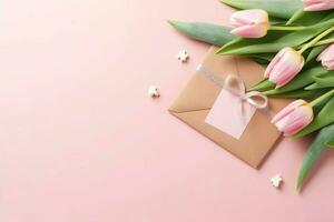 décoratif de tulipes fleurs bouquet ou enveloppé cadeau boîte. pour les mères journée ou Valentin avec fond concept par ai généré photo