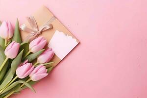 décoratif de tulipes fleurs bouquet ou enveloppé cadeau boîte. pour les mères journée ou Valentin avec fond concept par ai généré photo