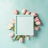 décoratif de tulipes fleurs bouquet ou enveloppé cadeau boîte. pour les mères journée ou Valentin avec fond concept par ai généré photo