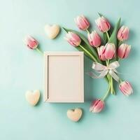 décoratif de tulipes fleurs bouquet ou enveloppé cadeau boîte. pour les mères journée ou Valentin avec fond concept par ai généré photo