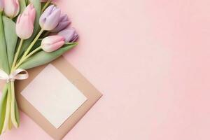 décoratif de tulipes fleurs bouquet ou enveloppé cadeau boîte. pour les mères journée ou Valentin avec fond concept par ai généré photo