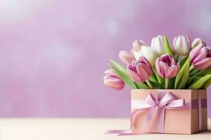 décoratif de tulipes fleurs bouquet ou enveloppé cadeau boîte. pour les mères journée ou Valentin avec fond concept par ai généré photo