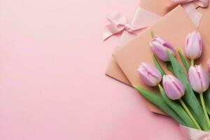 décoratif de tulipes fleurs bouquet ou enveloppé cadeau boîte. pour les mères journée ou Valentin avec fond concept par ai généré photo