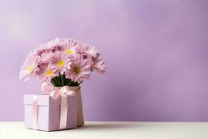 décoratif de tulipes fleurs bouquet ou enveloppé cadeau boîte. pour les mères journée ou Valentin avec fond concept par ai généré photo