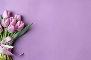 décoratif de tulipes fleurs bouquet ou enveloppé cadeau boîte. pour les mères journée ou Valentin avec fond concept par ai généré photo