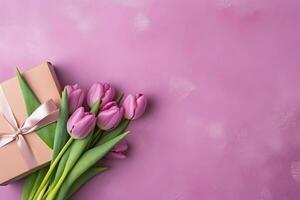 décoratif de tulipes fleurs bouquet ou enveloppé cadeau boîte. pour les mères journée ou Valentin avec fond concept par ai généré photo