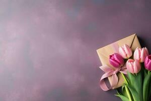 décoratif de tulipes fleurs bouquet ou enveloppé cadeau boîte. pour les mères journée ou Valentin avec fond concept par ai généré photo