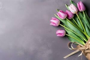 décoratif de tulipes fleurs bouquet ou enveloppé cadeau boîte. pour les mères journée ou Valentin avec fond concept par ai généré photo