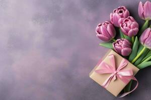 décoratif de tulipes fleurs bouquet ou enveloppé cadeau boîte. pour les mères journée ou Valentin avec fond concept par ai généré photo