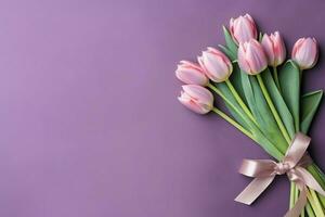 décoratif de tulipes fleurs bouquet ou enveloppé cadeau boîte. pour les mères journée ou Valentin avec fond concept par ai généré photo