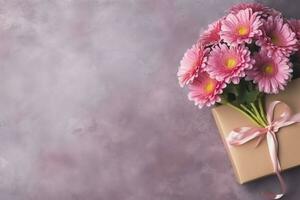 décoratif de tulipes fleurs bouquet ou enveloppé cadeau boîte. pour les mères journée ou Valentin avec fond concept par ai généré photo