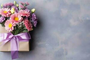 décoratif de tulipes fleurs bouquet ou enveloppé cadeau boîte. pour les mères journée ou Valentin avec fond concept par ai généré photo