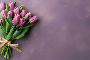 décoratif de tulipes fleurs bouquet ou enveloppé cadeau boîte. pour les mères journée ou Valentin avec fond concept par ai généré photo