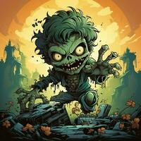 une terrifiant zombi dans dessin animé style. une effrayant zombi résurrection et rampant pour Halloween fête. Halloween concept par ai généré photo