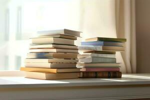 une livre pile proche en haut sur une étude bureau. de face vue pile livre. pour Festival de monde livre jour, nationale livre journée ou nationale éducation journée. empiler de coloré livres sur étude table par ai généré photo