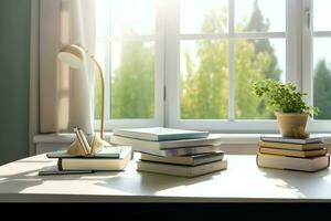 une livre pile proche en haut sur une étude bureau. de face vue pile livre. pour Festival de monde livre jour, nationale livre journée ou nationale éducation journée. empiler de coloré livres sur étude table par ai généré photo