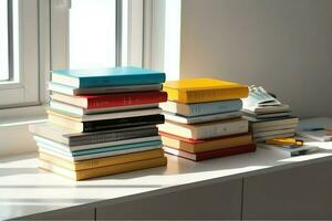 une livre pile proche en haut sur une étude bureau. de face vue pile livre. pour Festival de monde livre jour, nationale livre journée ou nationale éducation journée. empiler de coloré livres sur étude table par ai généré photo