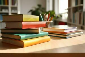 une livre pile proche en haut sur une étude bureau. de face vue pile livre. pour Festival de monde livre jour, nationale livre journée ou nationale éducation journée. empiler de coloré livres sur étude table par ai généré photo