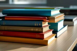 une livre pile proche en haut sur une étude bureau. de face vue pile livre. pour Festival de monde livre jour, nationale livre journée ou nationale éducation journée. empiler de coloré livres sur étude table par ai généré photo