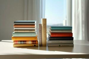 une livre pile proche en haut sur une étude bureau. de face vue pile livre. pour Festival de monde livre jour, nationale livre journée ou nationale éducation journée. empiler de coloré livres sur étude table par ai généré photo