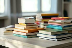 une livre pile proche en haut sur une étude bureau. de face vue pile livre. pour Festival de monde livre jour, nationale livre journée ou nationale éducation journée. empiler de coloré livres sur étude table par ai généré photo