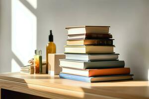 une livre pile proche en haut sur une étude bureau. de face vue pile livre. pour Festival de monde livre jour, nationale livre journée ou nationale éducation journée. empiler de coloré livres sur étude table par ai généré photo