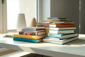 une livre pile proche en haut sur une étude bureau. de face vue pile livre. pour Festival de monde livre jour, nationale livre journée ou nationale éducation journée. empiler de coloré livres sur étude table par ai généré photo