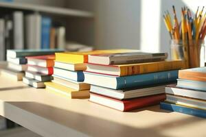 une livre pile proche en haut sur une étude bureau. de face vue pile livre. pour Festival de monde livre jour, nationale livre journée ou nationale éducation journée. empiler de coloré livres sur étude table par ai généré photo