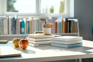 une livre pile proche en haut sur une étude bureau. de face vue pile livre. pour Festival de monde livre jour, nationale livre journée ou nationale éducation journée. empiler de coloré livres sur étude table par ai généré photo