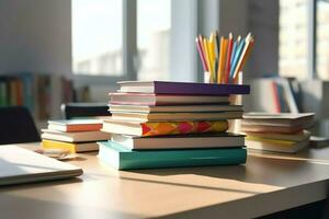 une livre pile proche en haut sur une étude bureau. de face vue pile livre. pour Festival de monde livre jour, nationale livre journée ou nationale éducation journée. empiler de coloré livres sur étude table par ai généré photo