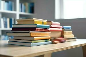 une livre pile proche en haut sur une étude bureau. de face vue pile livre. pour Festival de monde livre jour, nationale livre journée ou nationale éducation journée. empiler de coloré livres sur étude table par ai généré photo