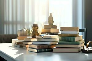 une livre pile proche en haut sur une étude bureau. de face vue pile livre. pour Festival de monde livre jour, nationale livre journée ou nationale éducation journée. empiler de coloré livres sur étude table par ai généré photo